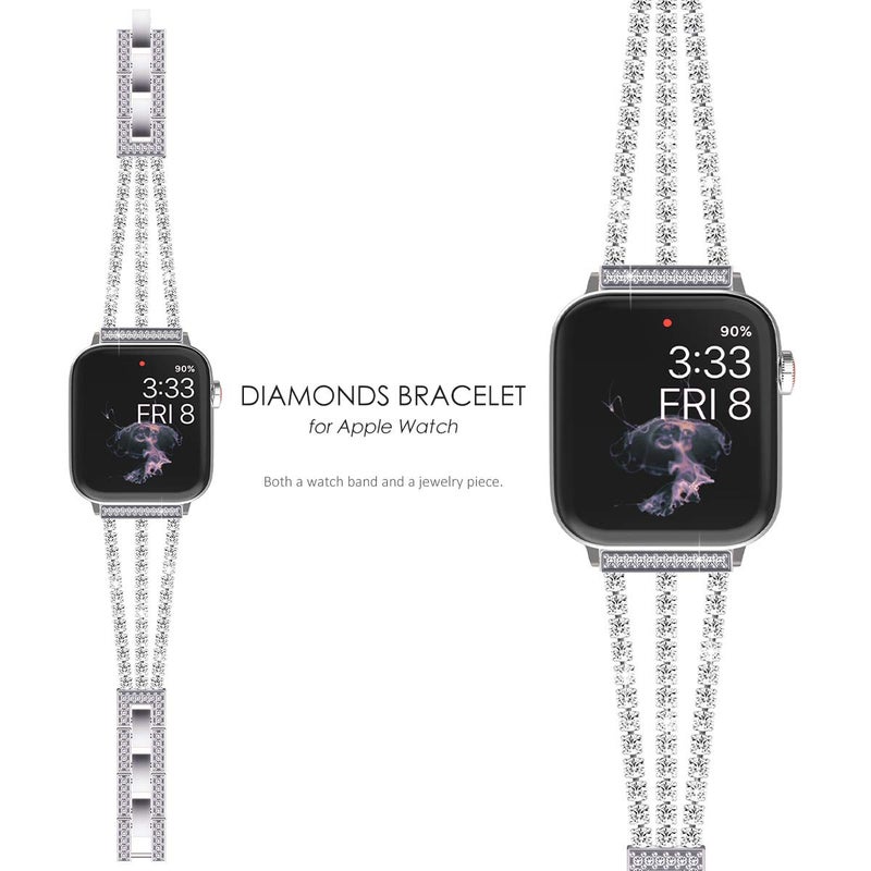 NewWays Compatible for Apple Watch Band 46mm Series 11 10 9 8 7 45mm 44mm SE Series 6 5 4 3 42mm(Series3), Sparkling Bling Diamonds Bracelet for iWatch Band Womens, Silver - Image 2